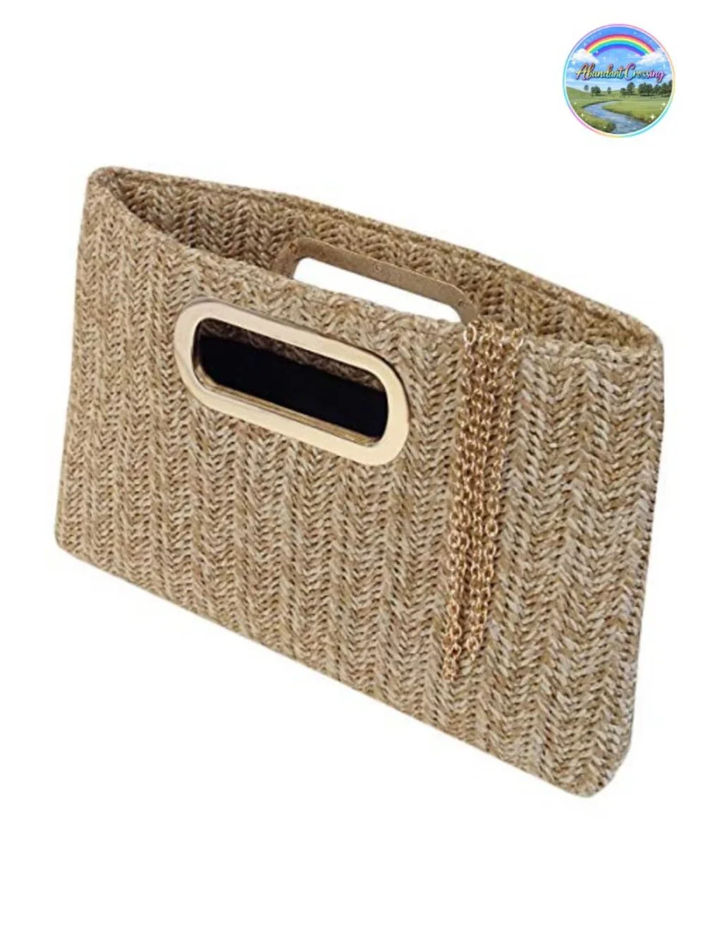 Woven Raffia Straw Clutch with Gold Chain Strap, Top Handle and Crossbody Option